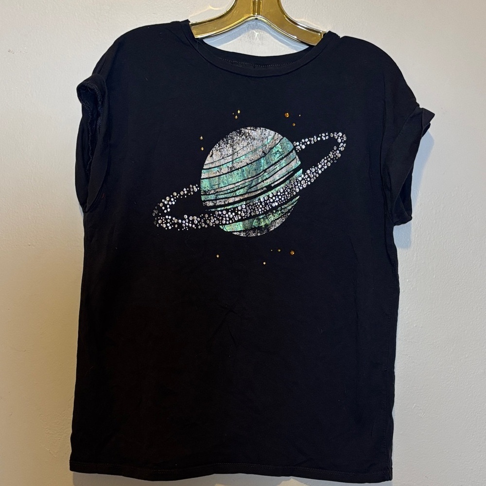 Zara Black Graphic Planet Tee with Teal and White Accents
